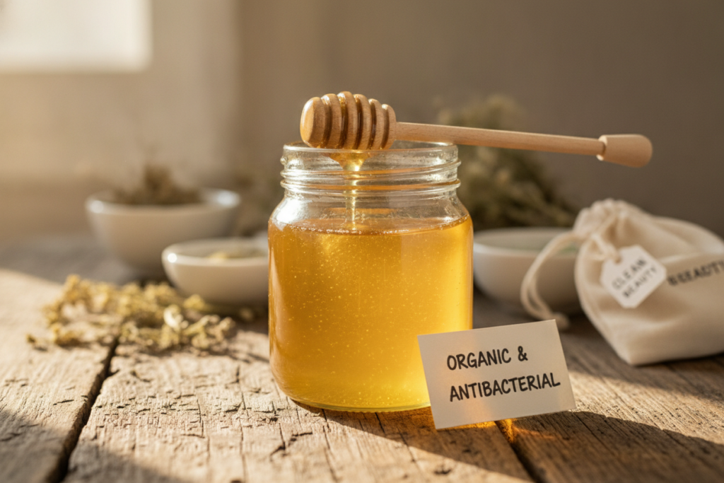 Raw honey in jar for natural glowing skin face mask treatment