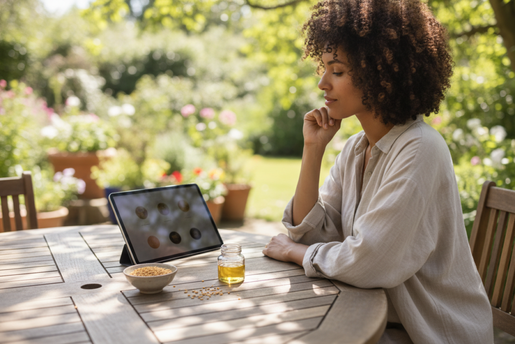 Reader comparing fenugreek hair care choices on a tablet