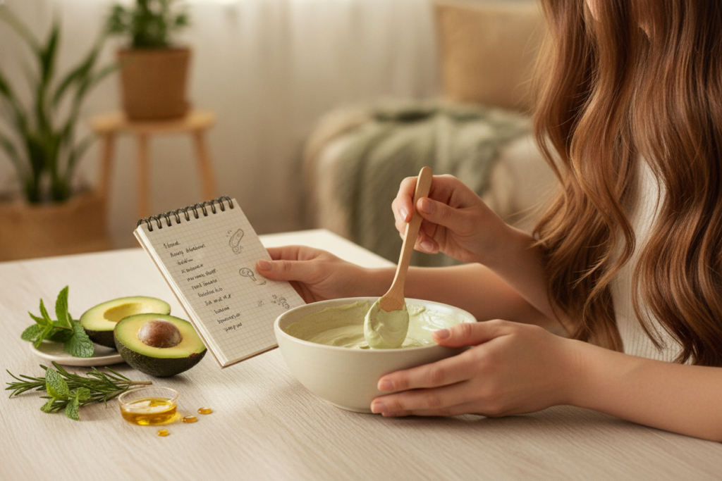 Reader comparing hair mask ingredients in a notebook