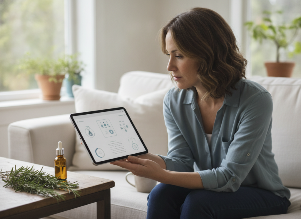 Reader comparing rosemary oil hair information on a tablet