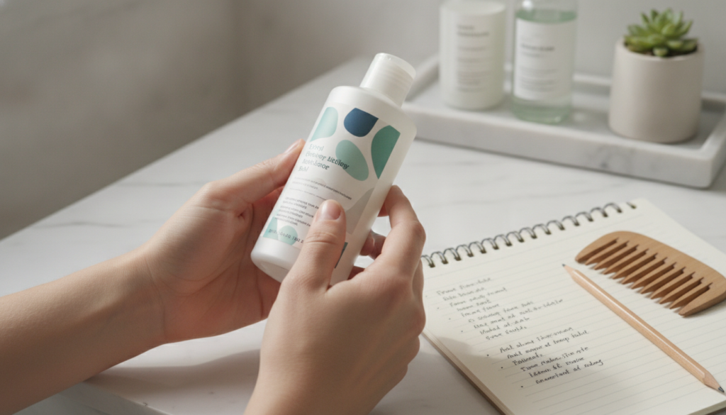 Reading a hair product ingredient label before shopping