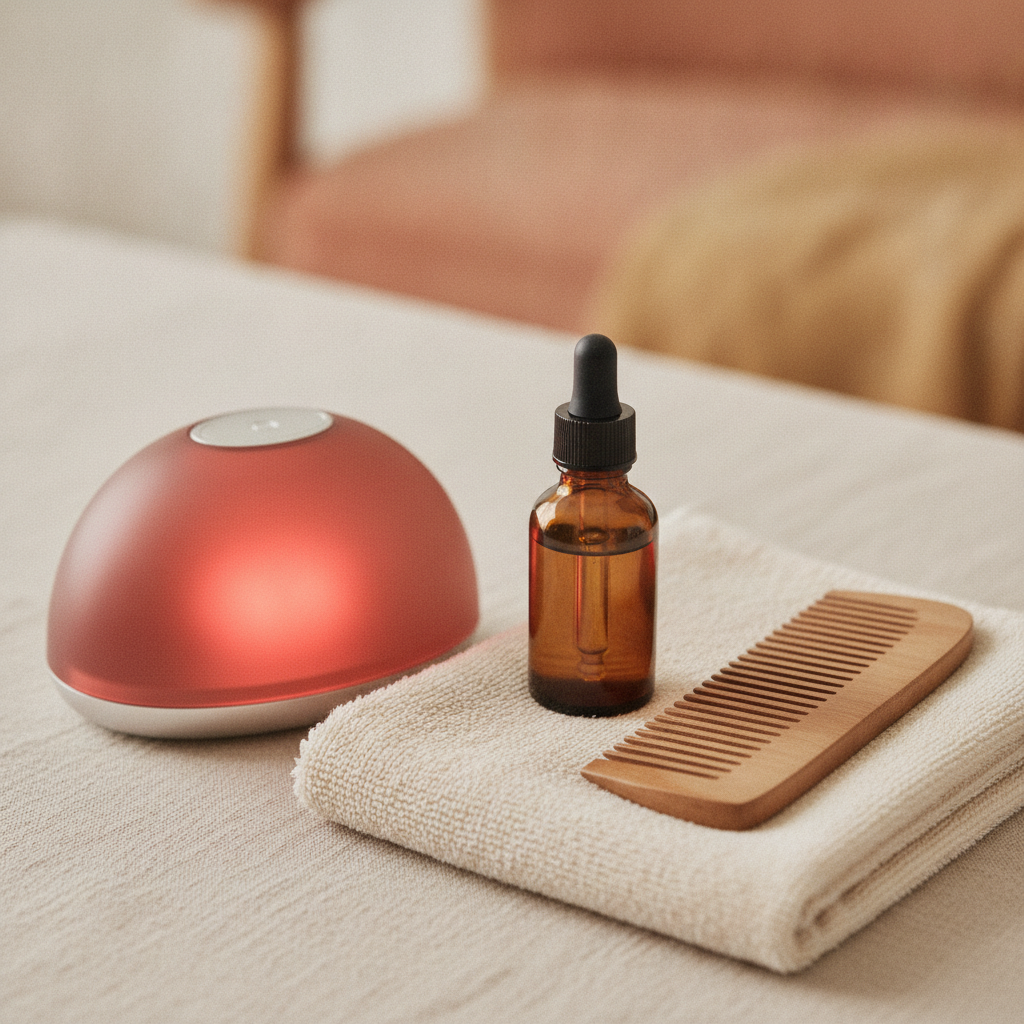Red light therapy device beside hair care products