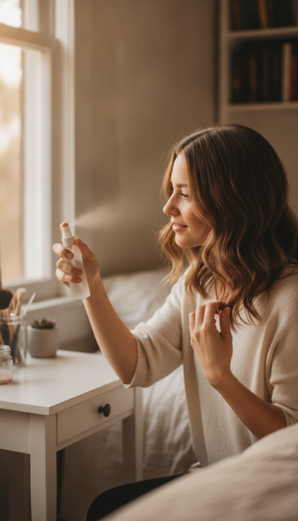 Refreshing second-day wavy hair with a fine spray