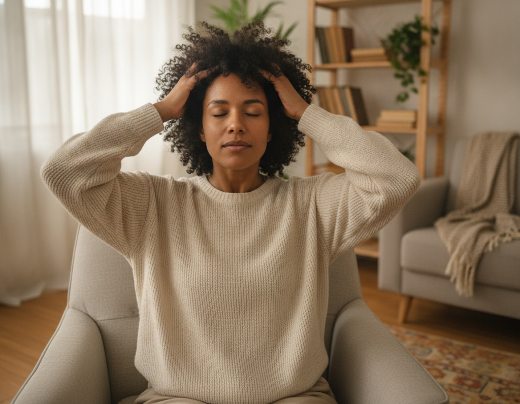 Relaxed person using scalp massage as part of hair care