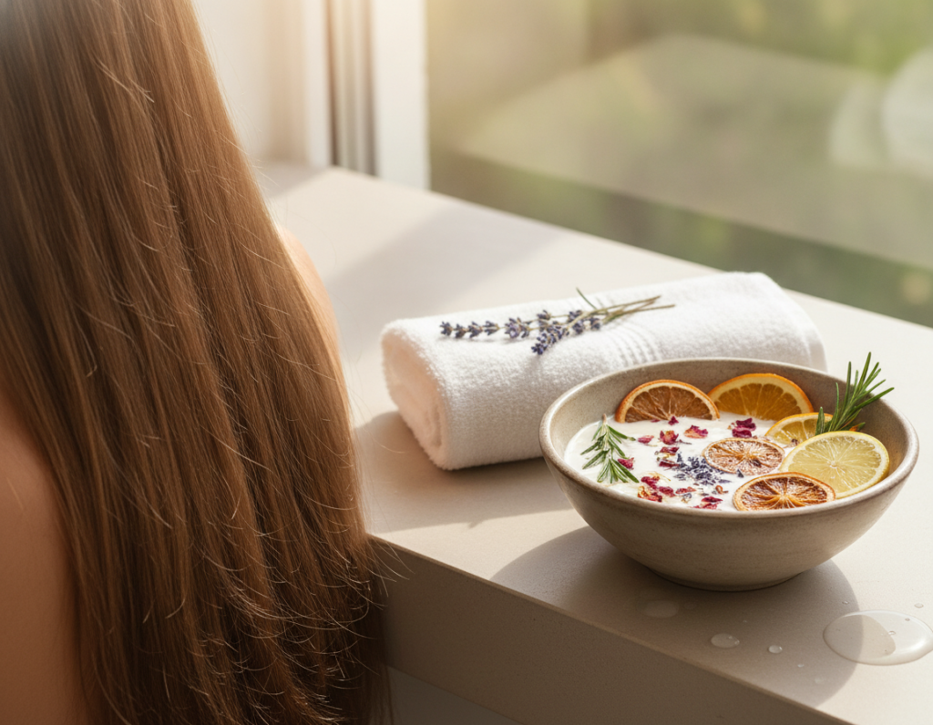 Relaxing final hair-care scene with shiny hair and botanical ingredients