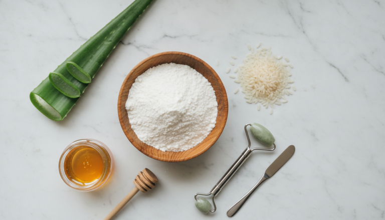Rice Face Pack for Glowing Skin ingredients spread on marble surface