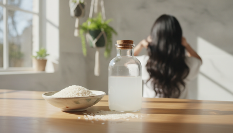 Rice Water for Hair Growth in a glass bottle beside rice and healthy hair