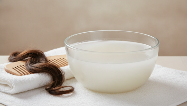 Rice Water for Hair Growth in a glass bowl beside clean hair-care tools