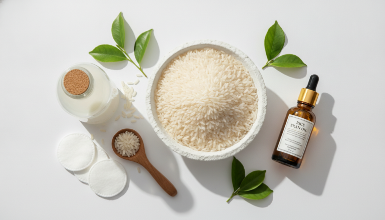 Rice skin care ingredients including rice grains, rice water, and natural skincare products