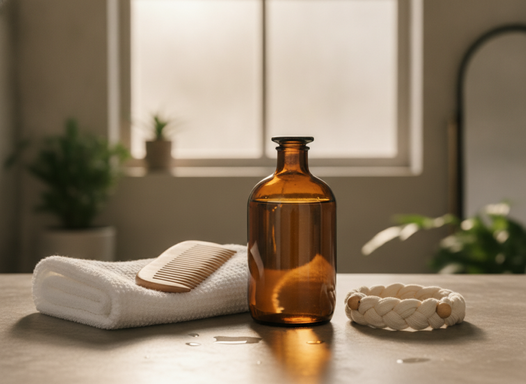 Rich castor oil hair treatment beside a towel and wide-tooth comb Rich castor oil hair treatment beside a towel and wide-tooth comb