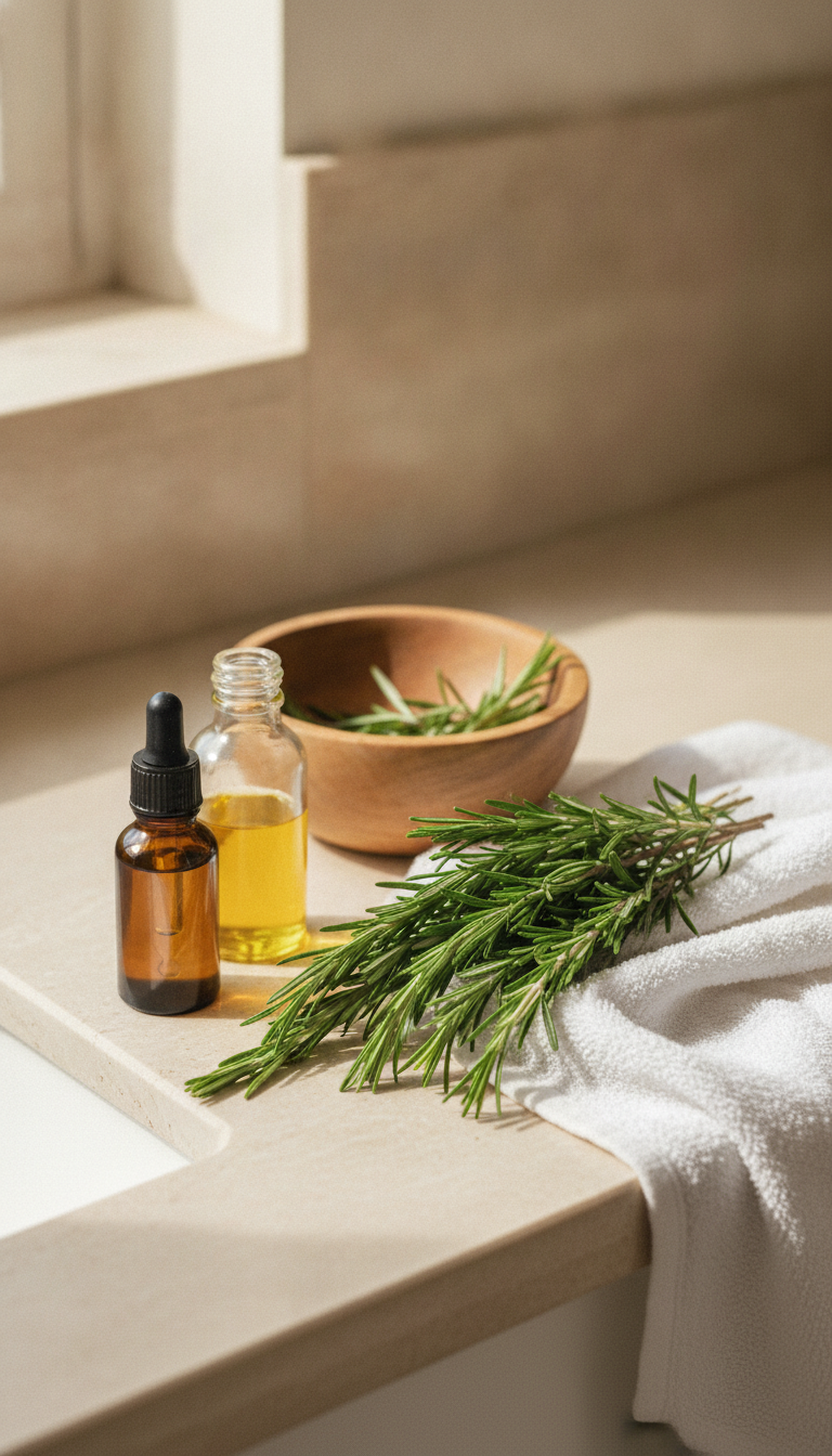 Rosemary Oil for Hair Growth DIY ingredients beside a glass dropper bottle
