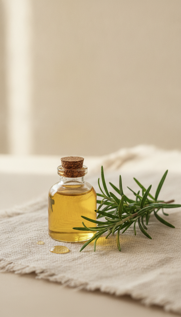 Rosemary Oil for Hair Growth in a glass bottle beside fresh rosemary