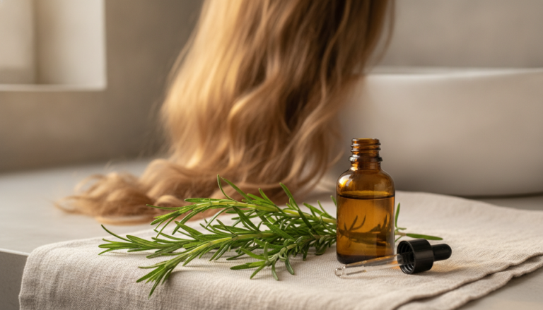 Rosemary Oil for Hair Growth with fresh rosemary and healthy-looking hair