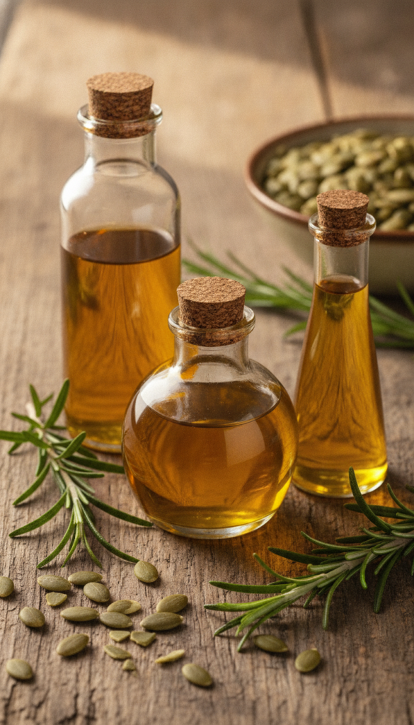 Rosemary and pumpkin seed oil bottles used carefully at home
