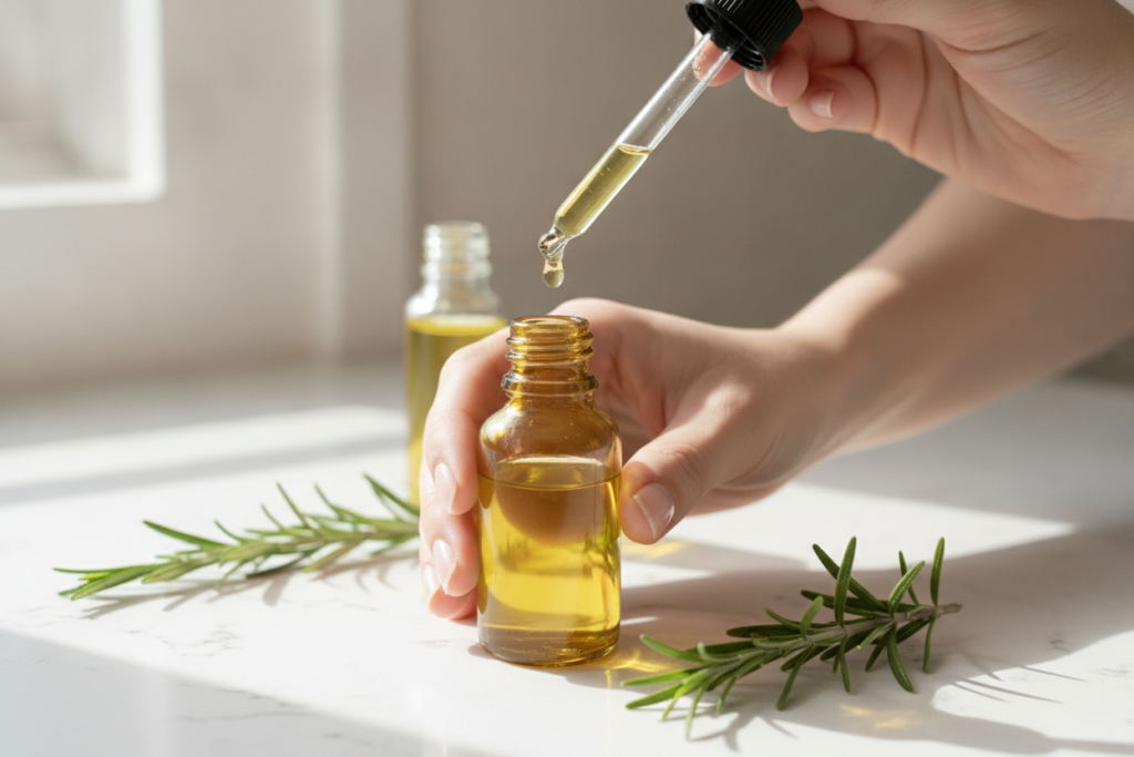 Rosemary hair oil recipe being mixed in an amber glass bottle