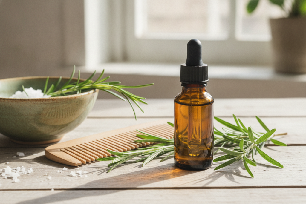 Rosemary sprigs and essential oil prepared for scalp care