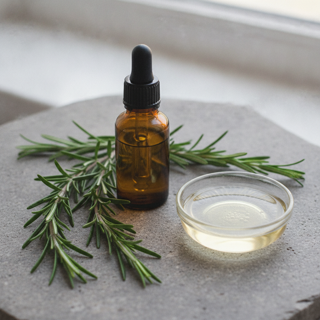 Rosemary sprigs beside diluted rosemary oil for scalp care Rosemary sprigs beside diluted rosemary oil for scalp care