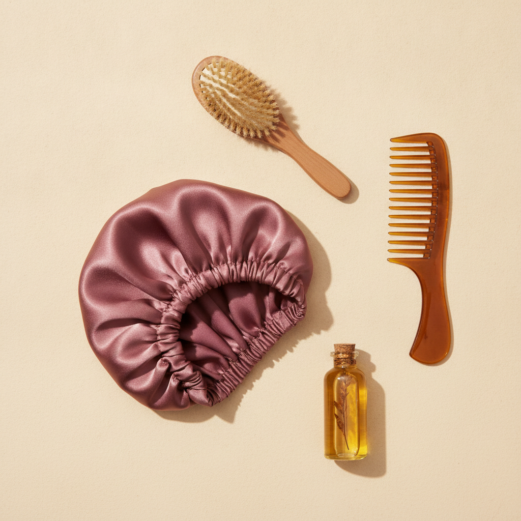 Satin bonnet and gentle hair tools for daily hair care Satin bonnet and gentle hair tools for daily hair care