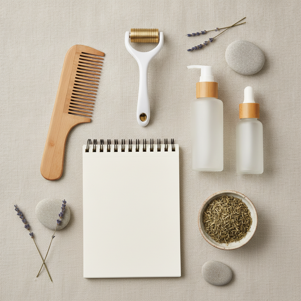Scalp care FAQ notes beside a clean roller and comb