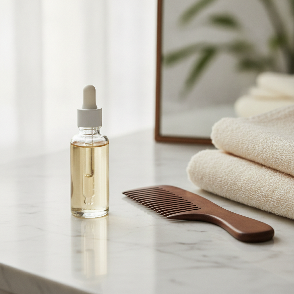 Scalp hair serum dropper beside a simple hair routine