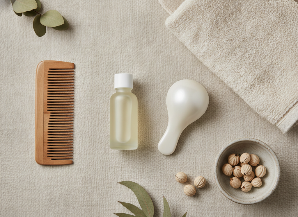 Scalp massage oil and a clean silicone tool beside natural hair care items