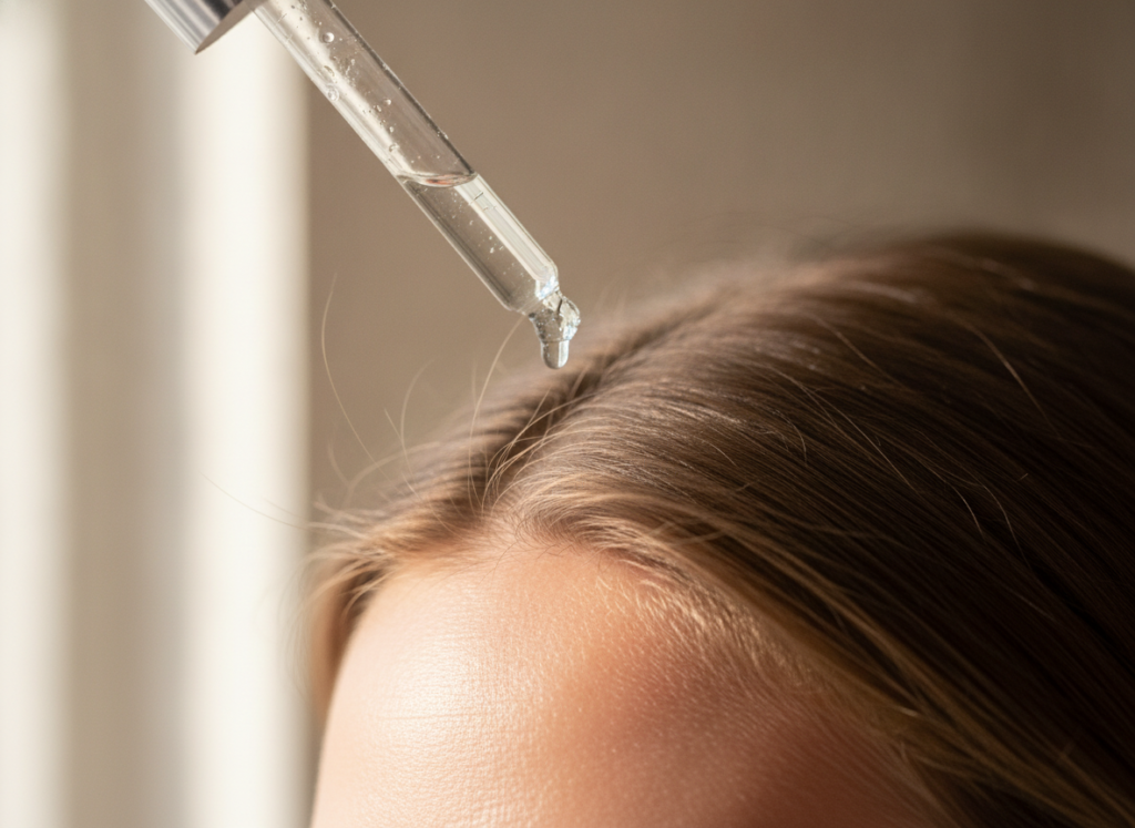 Scalp serum dropper used in a hair care routine Scalp serum dropper used in a hair care routine
