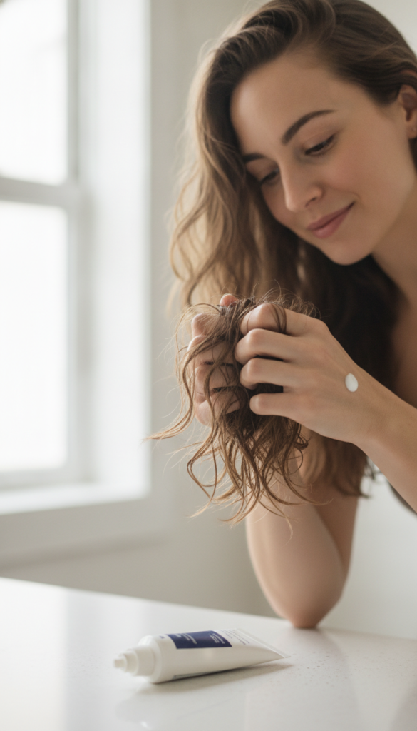 Scrunching natural waves with styling product Scrunching natural waves with styling product