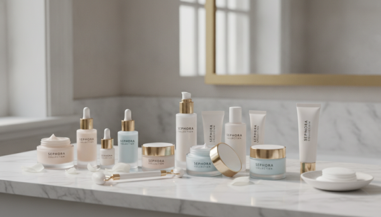 Sephora Skin Care Products displayed on marble vanity with natural lighting
