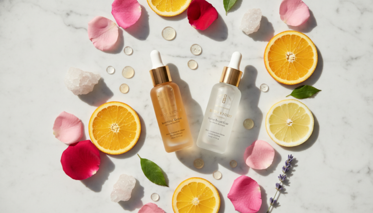 Serum for glowing skin displayed with natural ingredients and botanical elements