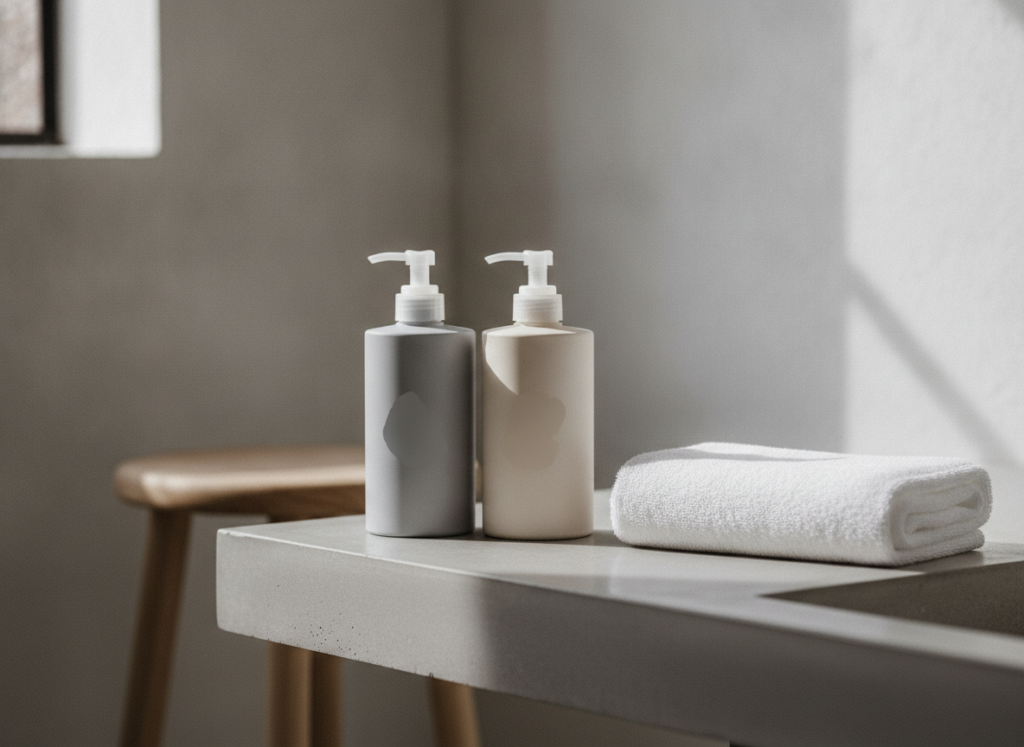 Shampoo and hair conditioner beside a clean towel