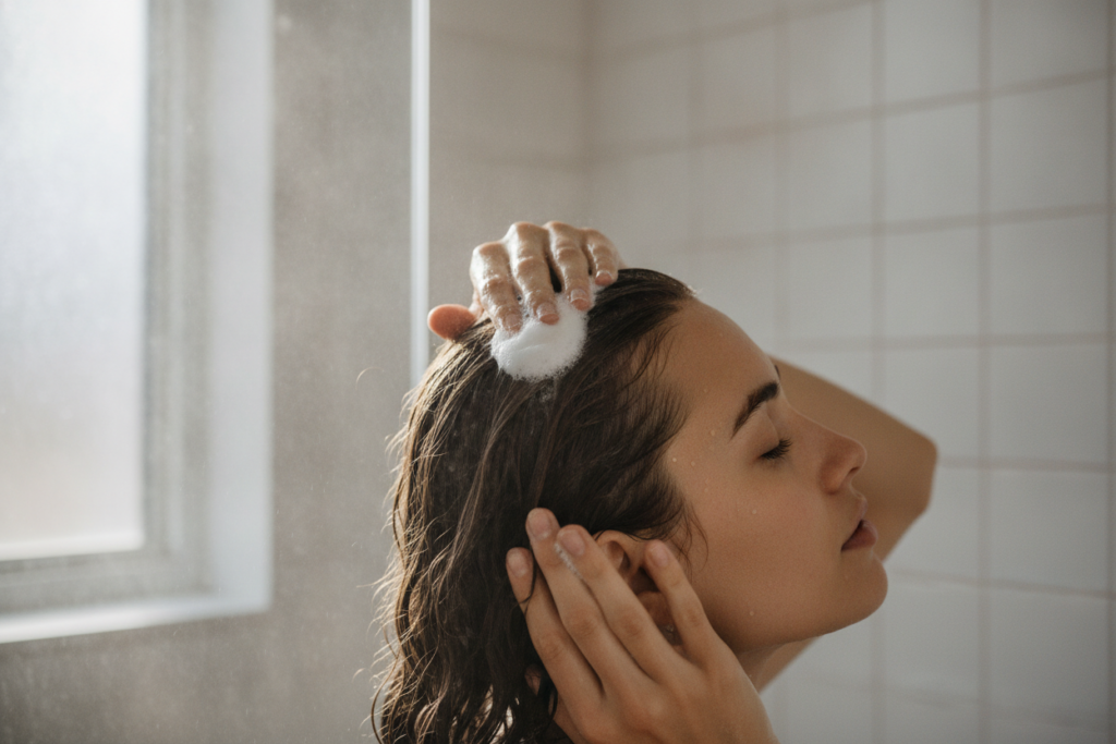 Shampoo being applied gently to the scalp