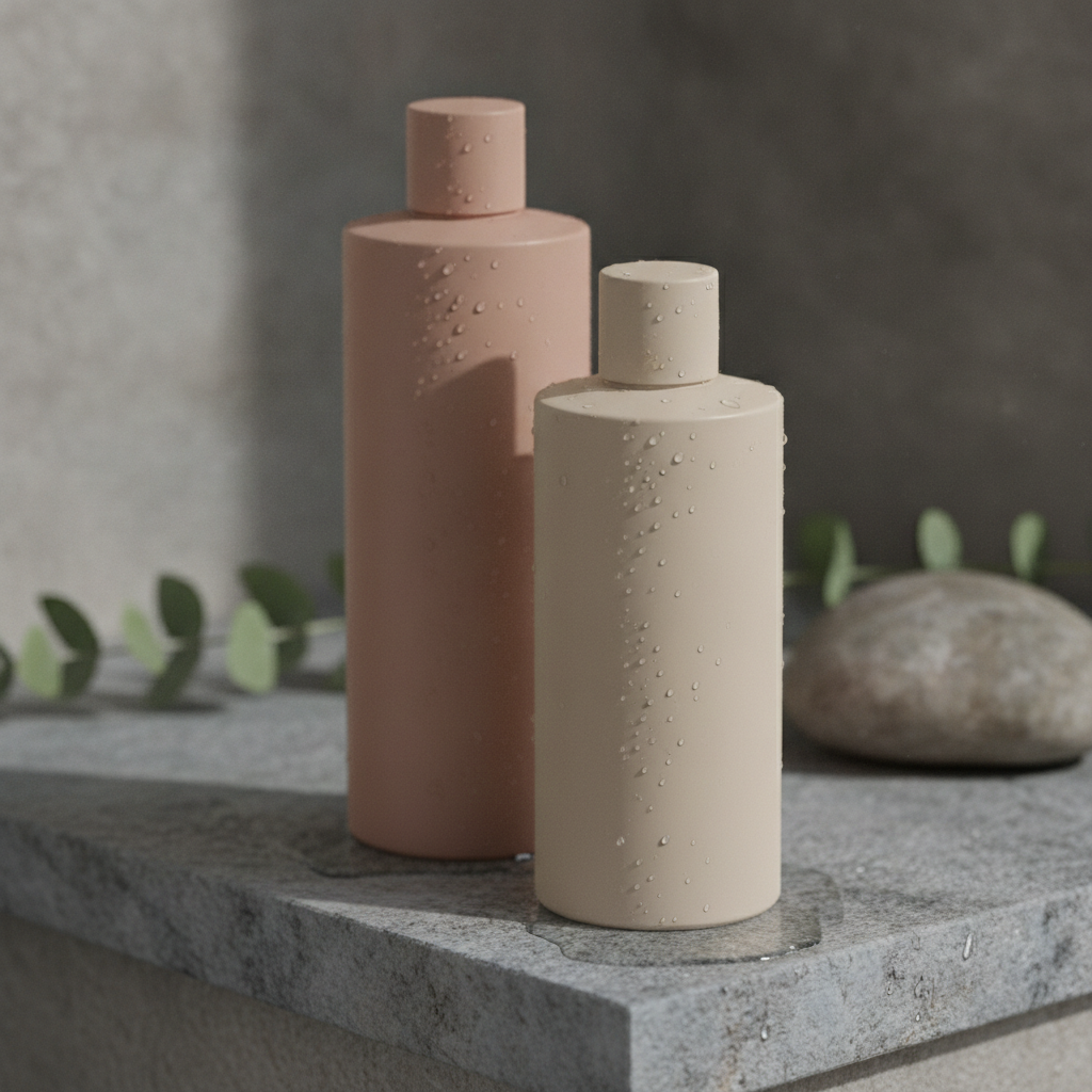 Shampoo bottle and conditioner bottle in a clean shower setting