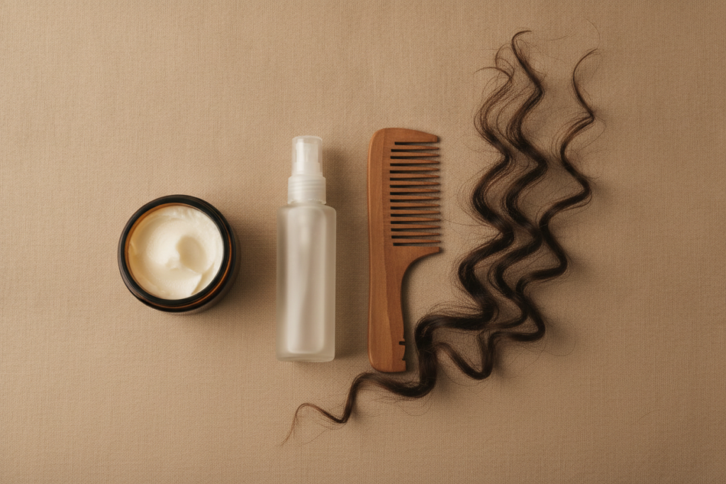 Shea butter and hair products beside natural curls Shea butter and hair products beside natural curls