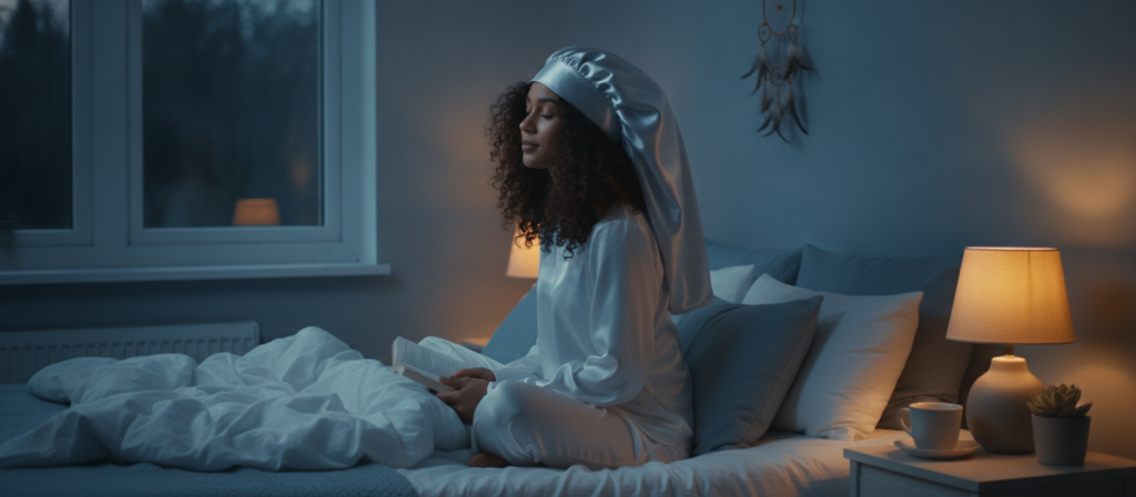 Silk satin bonnet protecting curly hair overnight