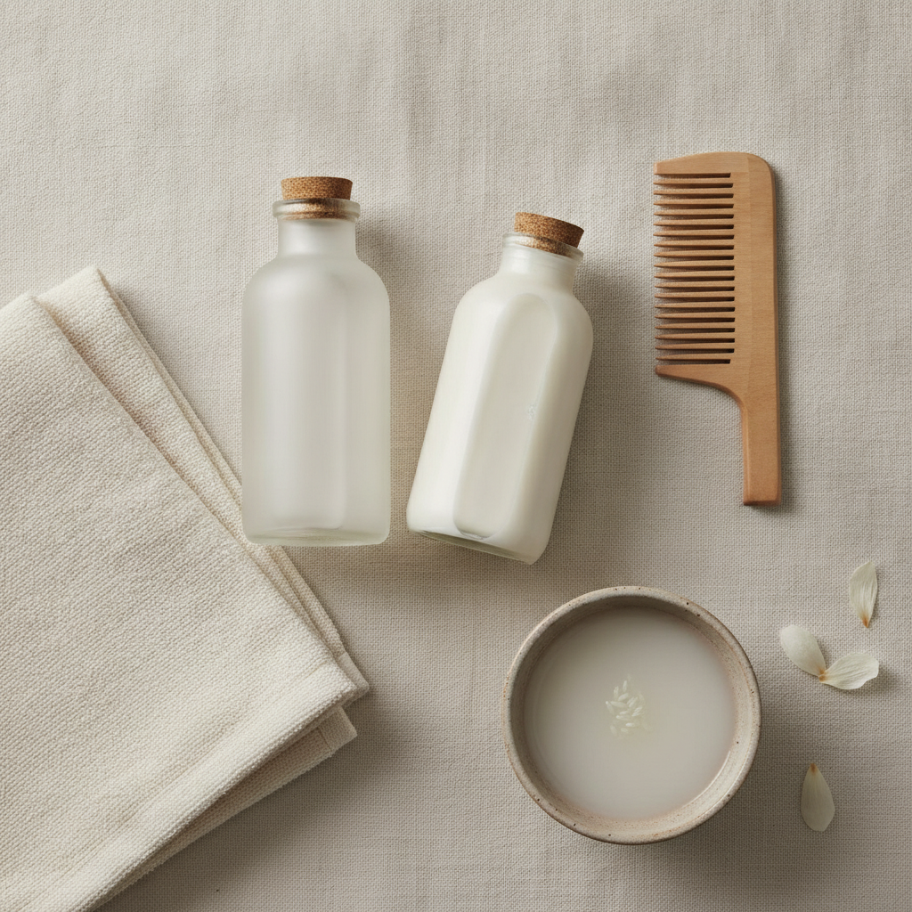 Simple weekly rice water hair routine supplies arranged in a flat lay Simple weekly rice water hair routine supplies arranged in a flat lay