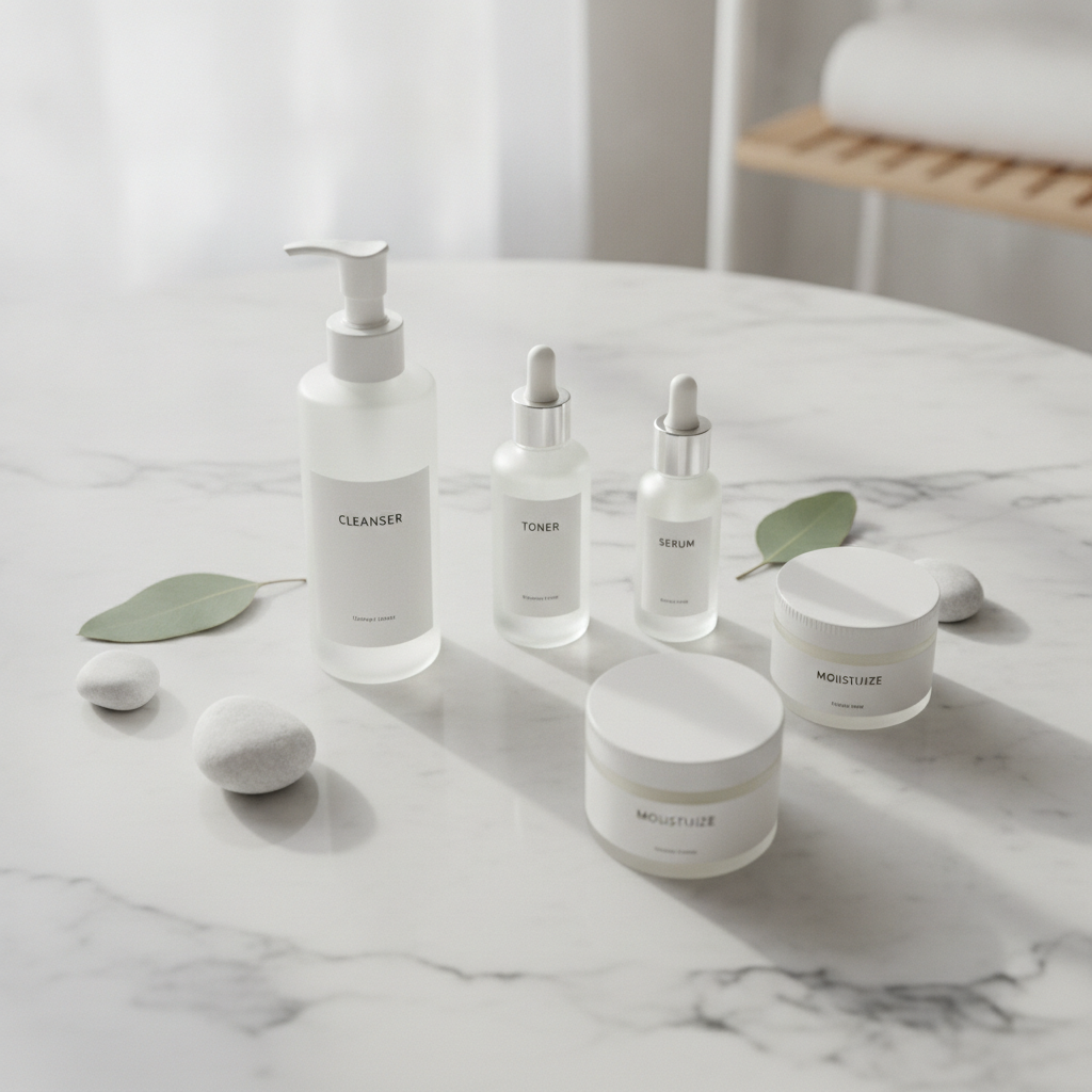 Skincare products including cleanser, moisturizer, and serum for glowing skin routine