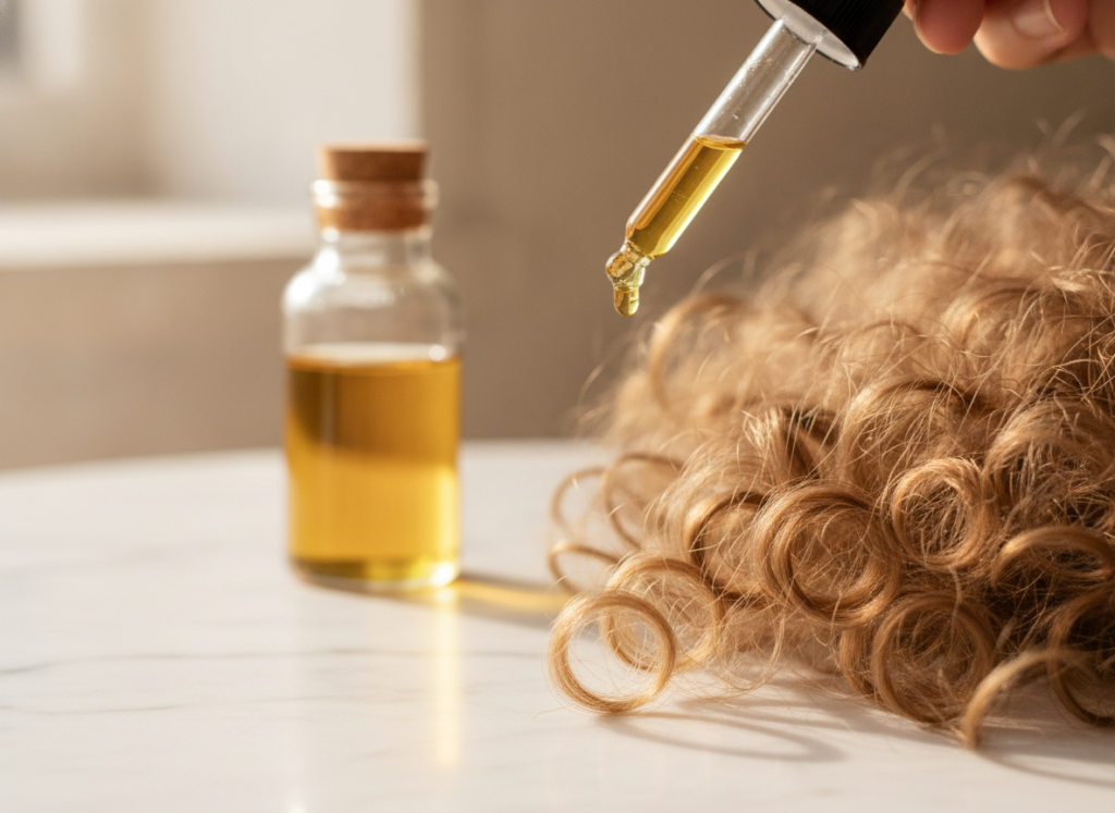 Small amount of argan oil used on curly hair ends