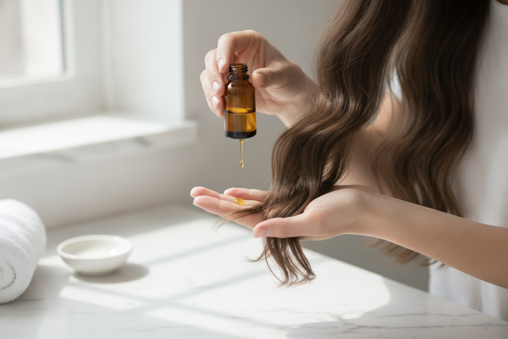 Small amount of castor oil used on hair lengths