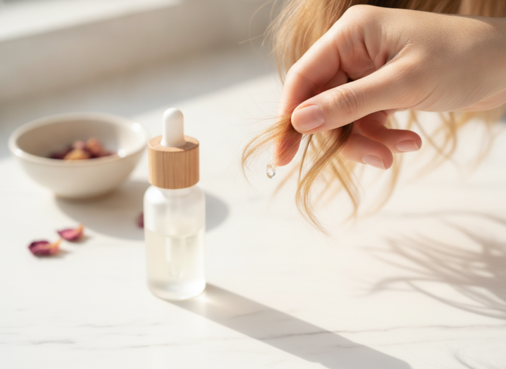 Small amount of oil applied to hair ends