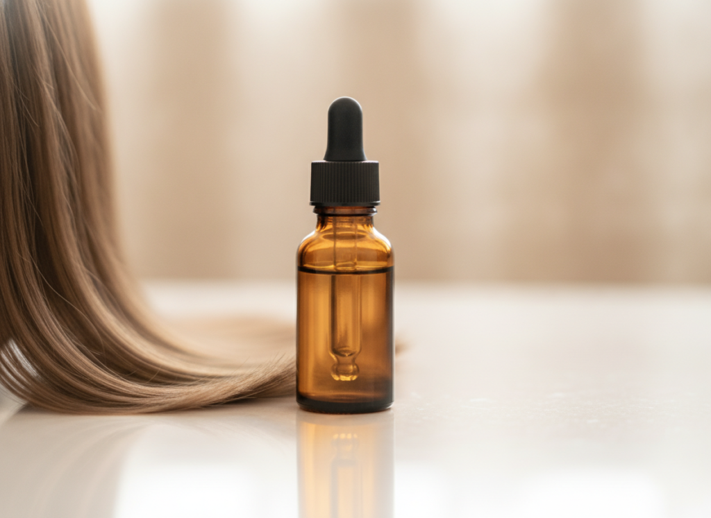 Small bottle of hair oil beside polished hair ends