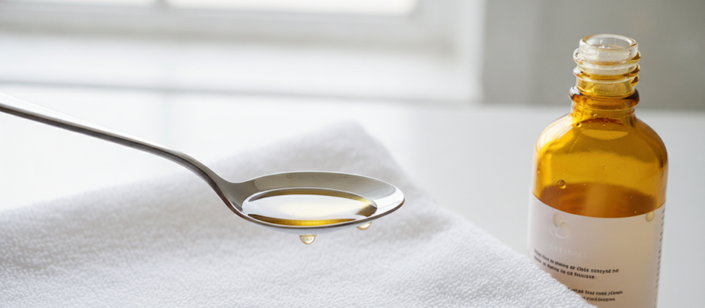 Small measured amount of hair oil ready for application