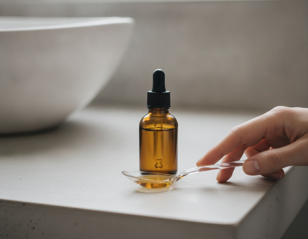 Small measured amount of hair oil ready for scalp use Small measured amount of hair oil ready for scalp use