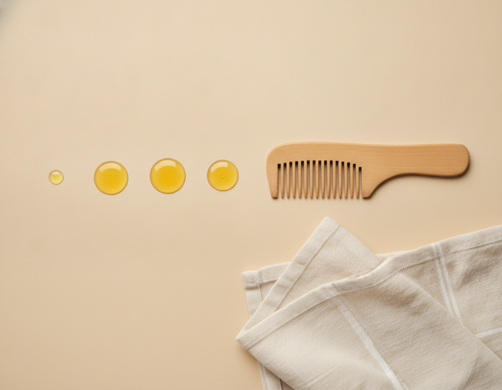 Small measured drops of oil beside a clean applicator comb Small measured drops of oil beside a clean applicator comb