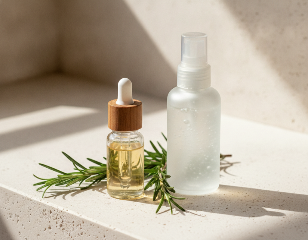 Small oil bottle and rosemary near a scalp tonic