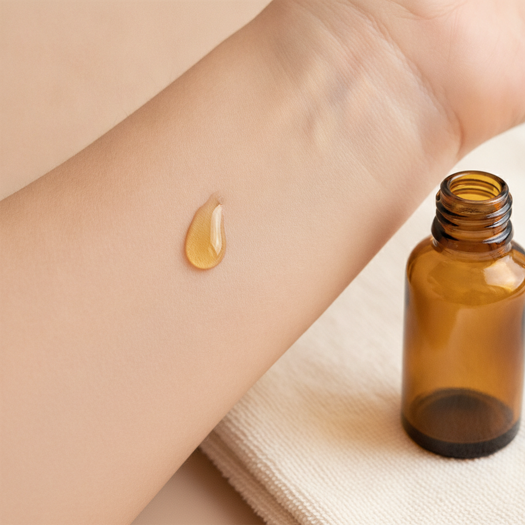 Small patch test of hair oil on the inner arm before scalp use Small patch test of hair oil on the inner arm before scalp use