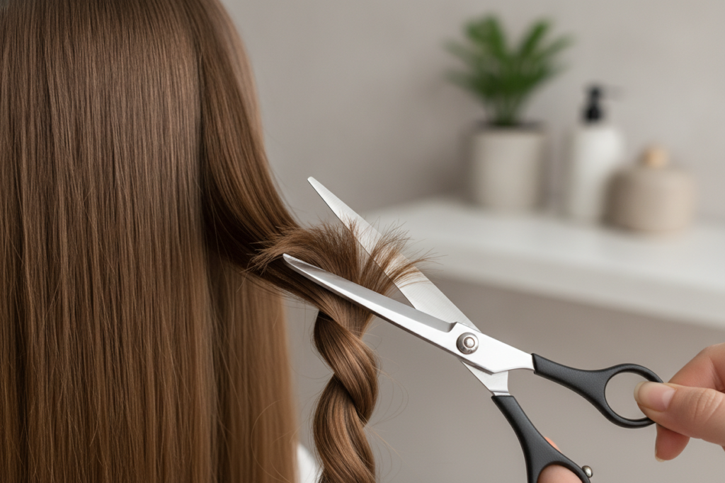 Small trim removing split ends from healthy hair