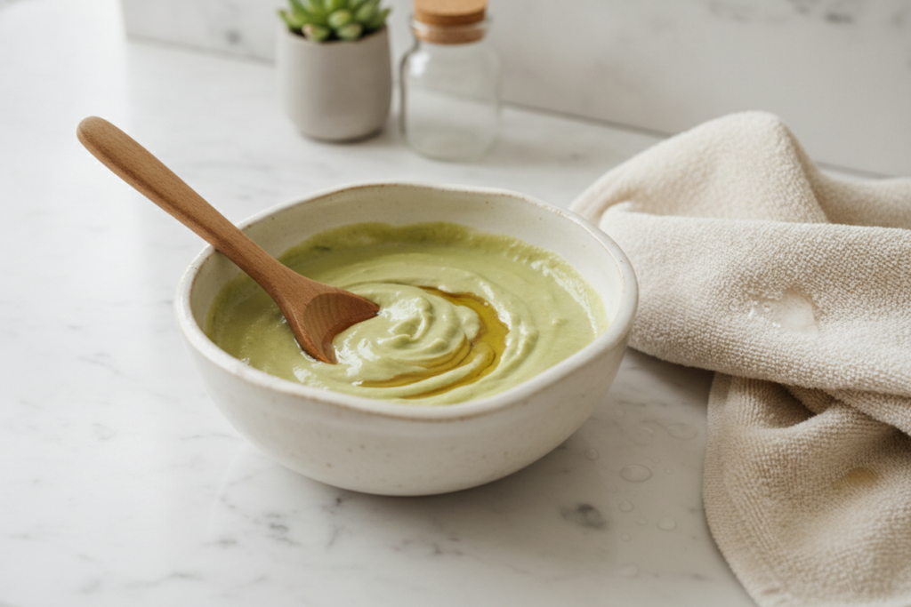 Smooth avocado honey and olive oil hair mask in a bowl