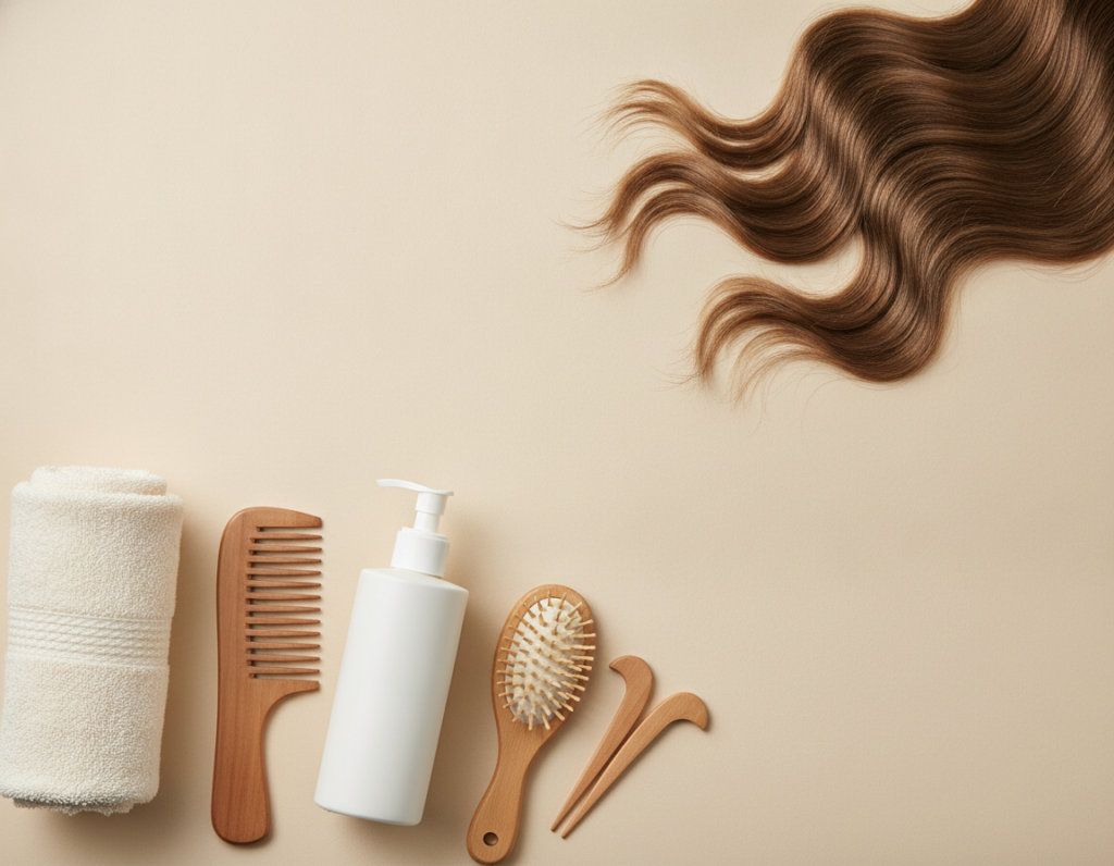Soft towel and wide-tooth comb beside healthy-looking hair