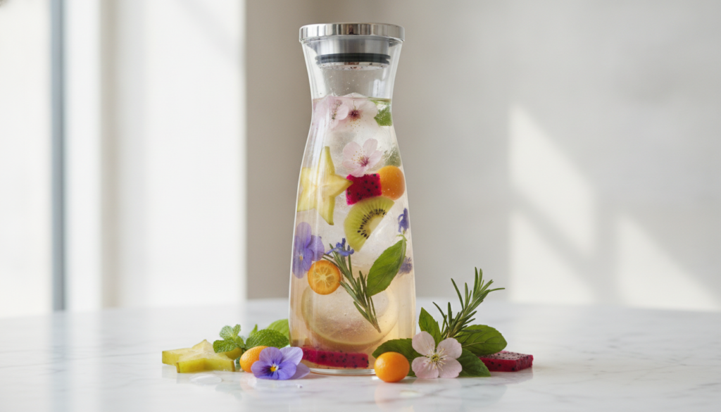 Sophisticated detox water with exotic fruits and herbs in elegant glassware
