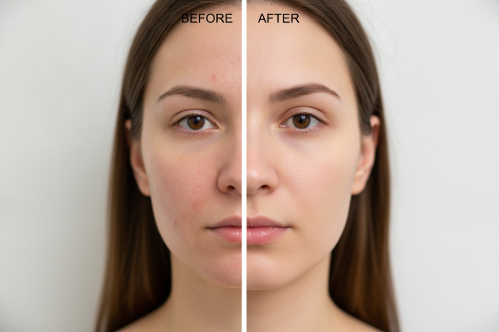 Split comparison showing skin concerns on left and clear skin results on right
